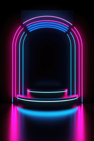 Black stage background with neon lamp. Glowing futuristic product display stand podium Against Background, neon geometric shape for product display presentation. Generative AI.の素材