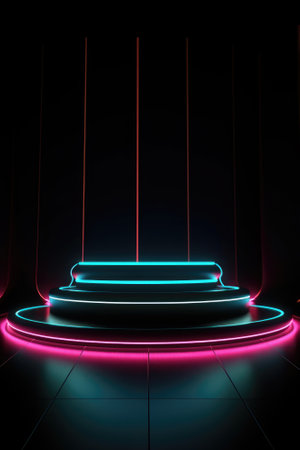 Black stage background with neon lamp. Glowing futuristic product display stand podium Against Background, neon geometric shape for product display presentation. Generative AI.の素材