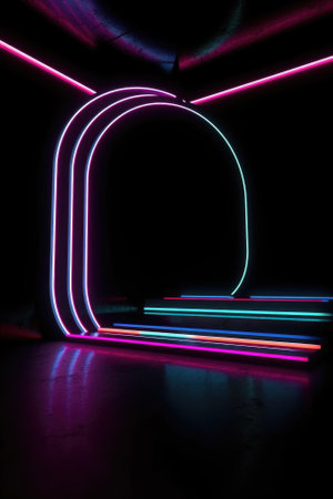 Black stage background with neon lamp. Glowing futuristic product display stand podium Against Background, neon geometric shape for product display presentation. Generative AI.の素材
