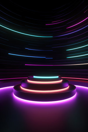 Black stage background with neon lamp. Glowing futuristic product display stand podium Against Background, neon geometric shape for product display presentation. Generative AI.の素材