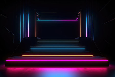 Black stage background with neon lamp. Glowing futuristic product display stand podium Against Background, neon geometric shape for product display presentation. Generative AI.の素材