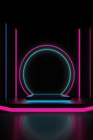 Black stage background with neon lamp. Glowing futuristic product display stand podium Against Background, neon geometric shape for product display presentation. Generative AI.の素材