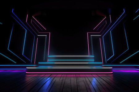 Black stage background with neon lamp. Glowing futuristic product display stand podium Against Background, neon geometric shape for product display presentation. Generative AI.の素材