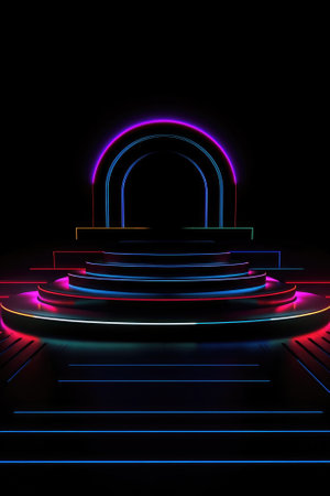 Black stage background with neon lamp. Glowing futuristic product display stand podium Against Background, neon geometric shape for product display presentation. Generative AI.の素材