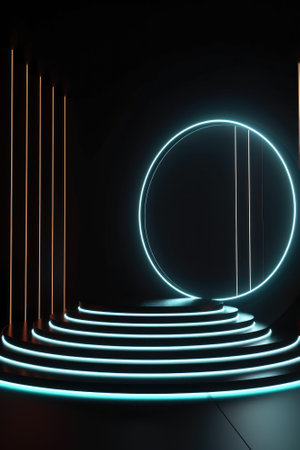 Black stage background with neon lamp. Glowing futuristic product display stand podium Against Background, neon geometric shape for product display presentation. Generative AI.の素材