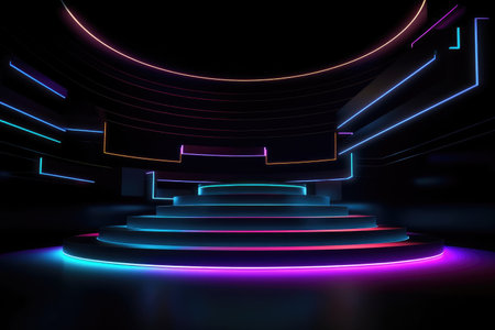 Black stage background with neon lamp. Glowing futuristic product display stand podium Against Background, neon geometric shape for product display presentation. Generative AI.の素材