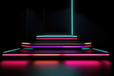 Black stage background with neon lamp. Glowing futuristic product display stand podium Against Background, neon geometric shape for product display presentation. Generative AI.の素材