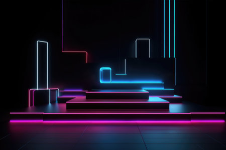 Black stage background with neon lamp. Glowing futuristic product display stand podium Against Background, neon geometric shape for product display presentation. Generative AI.の素材