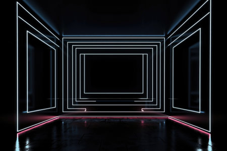 Black stage background with neon lamp. Glowing futuristic product display stand podium Against Background, neon geometric shape for product display presentation. Generative AI.の素材