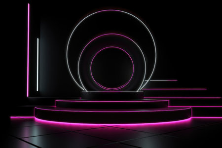Black stage background with neon lamp. Glowing futuristic product display stand podium Against Background, neon geometric shape for product display presentation. Generative AI.の素材
