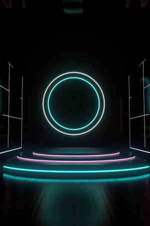 Black stage background with neon lamp. Glowing futuristic product display stand podium Against Background, neon geometric shape for product display presentation. Generative AI.の素材