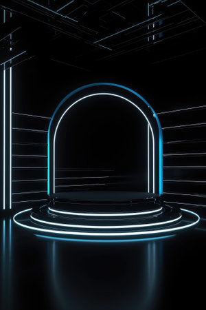 Black stage background with neon lamp. Glowing futuristic product display stand podium Against Background, neon geometric shape for product display presentation. Generative AI.の素材