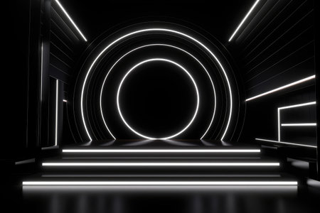 Black stage background with neon lamp. Glowing futuristic product display stand podium Against Background, neon geometric shape for product display presentation. Generative AI.の素材