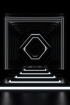 Black stage background with neon lamp. Glowing futuristic product display stand podium Against Background, neon geometric shape for product display presentation. Generative AI.の素材
