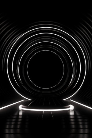 Black stage background with neon lamp. Glowing futuristic product display stand podium Against Background, neon geometric shape for product display presentation. Generative AI.の素材
