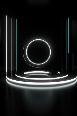 Black stage background with neon lamp. Glowing futuristic product display stand podium Against Background, neon geometric shape for product display presentation. Generative AI.の素材