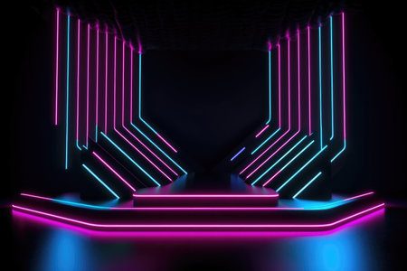 Black stage background with neon lamp. Glowing futuristic product display stand podium Against Background, neon geometric shape for product display presentation. Generative AI.の素材