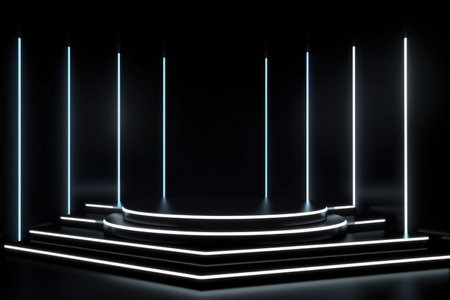 Black stage background with neon lamp. Glowing futuristic product display stand podium Against Background, neon geometric shape for product display presentation. Generative AI.の素材