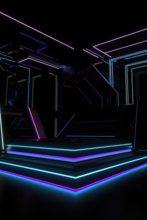 Black stage background with neon lamp. Glowing futuristic product display stand podium Against Background, neon geometric shape for product display presentation. Generative AI.の素材