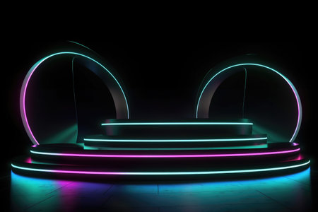 Black stage background with neon lamp. Glowing futuristic product display stand podium Against Background, neon geometric shape for product display presentation. Generative AI.の素材