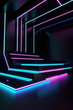 Black stage background with neon lamp. Glowing futuristic product display stand podium Against Background, neon geometric shape for product display presentation. Generative AI.の素材