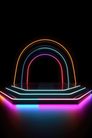 Black stage background with neon lamp. Glowing futuristic product display stand podium Against Background, neon geometric shape for product display presentation. Generative AI.の素材