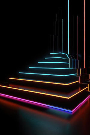 Black stage background with neon lamp. Glowing futuristic product display stand podium Against Background, neon geometric shape for product display presentation. Generative AI.の素材