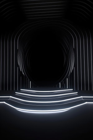 Black stage background with neon lamp. Glowing futuristic product display stand podium Against Background, neon geometric shape for product display presentation. Generative AI.の素材