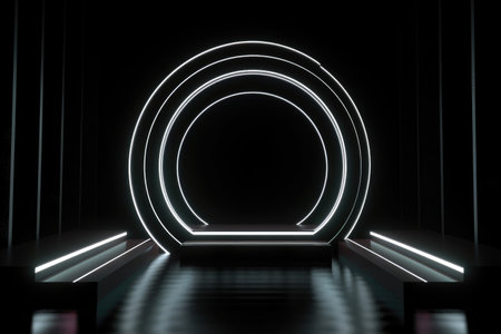 Black stage background with neon lamp. Glowing futuristic product display stand podium Against Background, neon geometric shape for product display presentation. Generative AI.の素材