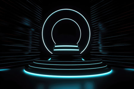 Black stage background with neon lamp. Glowing futuristic product display stand podium Against Background, neon geometric shape for product display presentation. Generative AI.の素材
