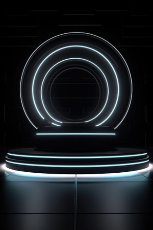 Black stage background with neon lamp. Glowing futuristic product display stand podium Against Background, neon geometric shape for product display presentation. Generative AI.の素材