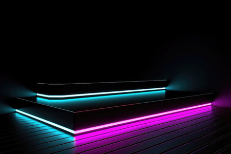 Black stage background with neon lamp. Glowing futuristic product display stand podium Against Background, neon geometric shape for product display presentation. Generative AI.の素材