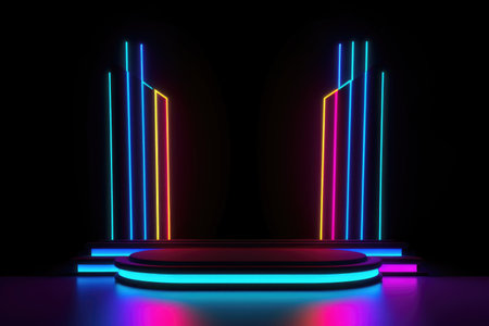Black stage background with neon lamp. Glowing futuristic product display stand podium Against Background, neon geometric shape for product display presentation. Generative AI.の素材