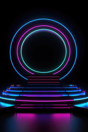 Black stage background with neon lamp. Glowing futuristic product display stand podium Against Background, neon geometric shape for product display presentation. Generative AI.の素材