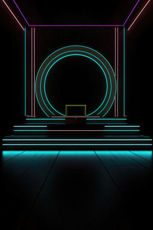 Black stage background with neon lamp. Glowing futuristic product display stand podium Against Background, neon geometric shape for product display presentation. Generative AI.の素材
