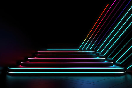 Black stage background with neon lamp. Glowing futuristic product display stand podium Against Background, neon geometric shape for product display presentation. Generative AI.の素材
