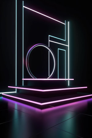 Black stage background with neon lamp. Glowing futuristic product display stand podium Against Background, neon geometric shape for product display presentation. Generative AI.の素材