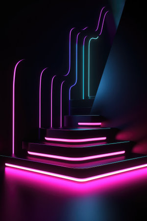 Black stage background with neon lamp. Glowing futuristic product display stand podium Against Background, neon geometric shape for product display presentation. Generative AI.の素材