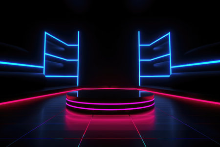 Black stage background with neon lamp. Glowing futuristic product display stand podium Against Background, neon geometric shape for product display presentation. Generative AI.の素材