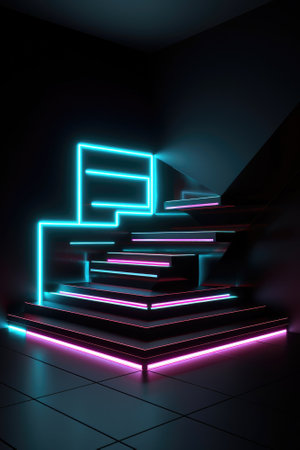 Black stage background with neon lamp. Glowing futuristic product display stand podium Against Background, neon geometric shape for product display presentation. Generative AI.の素材