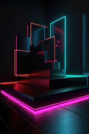 Black stage background with neon lamp. Glowing futuristic product display stand podium Against Background, neon geometric shape for product display presentation. Generative AI.の素材