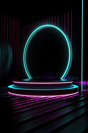 Black stage background with neon lamp. Glowing futuristic product display stand podium Against Background, neon geometric shape for product display presentation. Generative AI.の素材