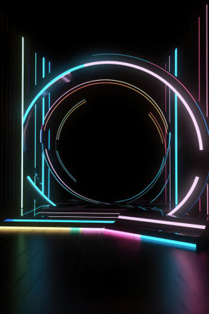 Black stage background with neon lamp. Glowing futuristic product display stand podium Against Background, neon geometric shape for product display presentation. Generative AI.の素材