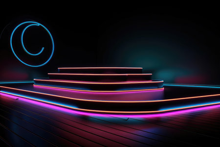 Black stage background with neon lamp. Glowing futuristic product display stand podium Against Background, neon geometric shape for product display presentation. Generative AI.の素材