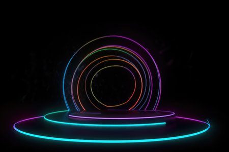 Black stage background with neon lamp. Glowing futuristic product display stand podium Against Background, neon geometric shape for product display presentation. Generative AI.の素材