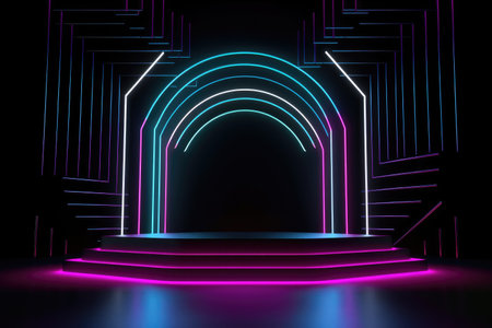 Black stage background with neon lamp. Glowing futuristic product display stand podium Against Background, neon geometric shape for product display presentation. Generative AI.の素材