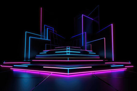 Black stage background with neon lamp. Glowing futuristic product display stand podium Against Background, neon geometric shape for product display presentation. Generative AI.の素材