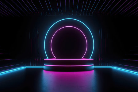 Black stage background with neon lamp. Glowing futuristic product display stand podium Against Background, neon geometric shape for product display presentation. Generative AI.の素材