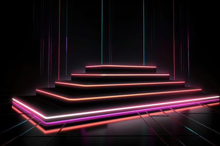 Black stage background with neon lamp. Glowing futuristic product display stand podium Against Background, neon geometric shape for product display presentation. Generative AI.の素材