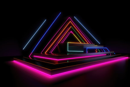 Black stage background with neon lamp. Glowing futuristic product display stand podium Against Background, neon geometric shape for product display presentation. Generative AI.の素材